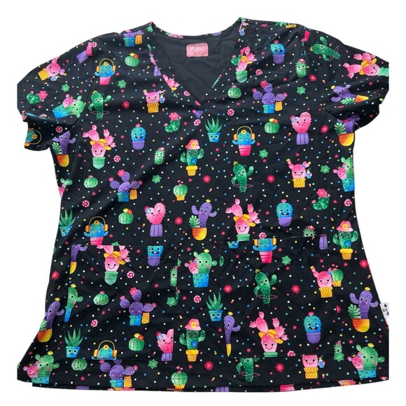 Ava Therese By Zavate Scrub Top Womens XL Multicolor V-neck  Happy Cactus - Picture 1 of 11
